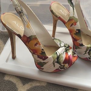 Aldo floral cork heel sling back